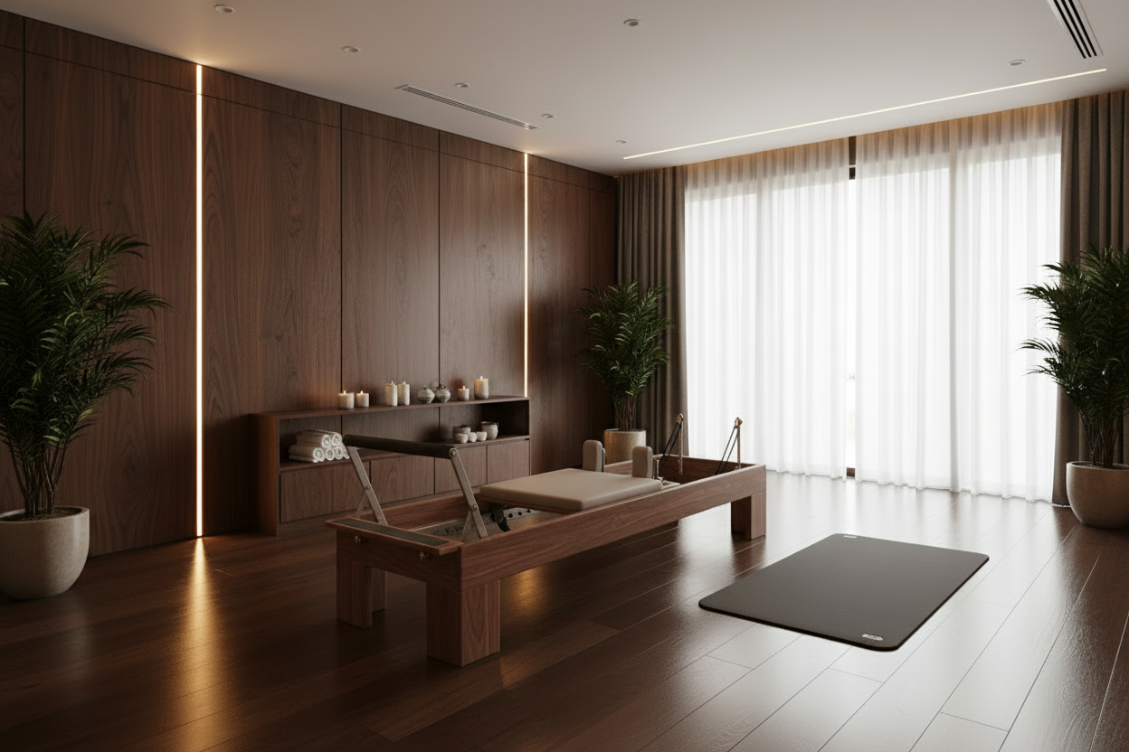 Walnut Pilates Reformer in Luxurious Dark Wood Gym