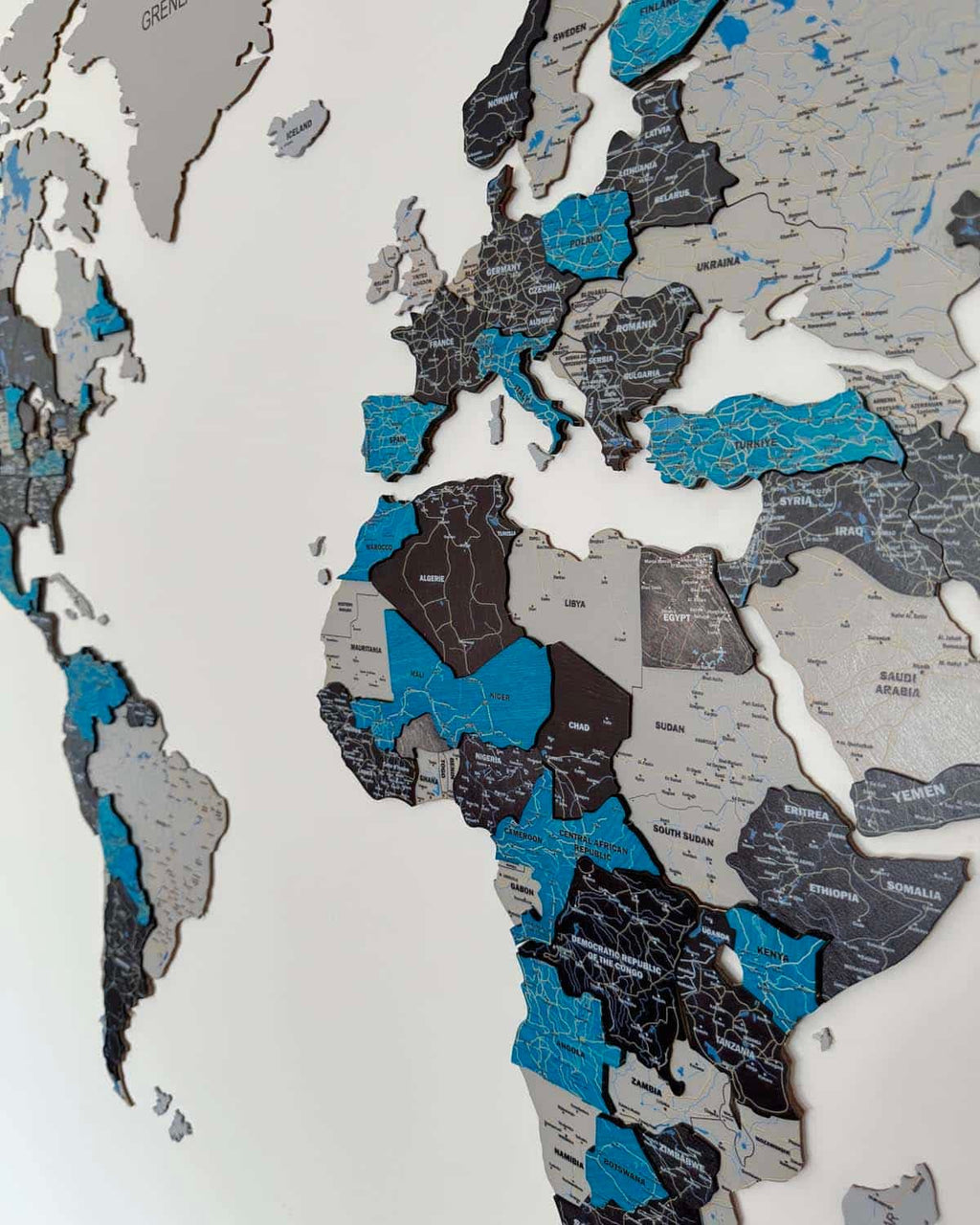 Premium 3D Wooden World Map — Midnight