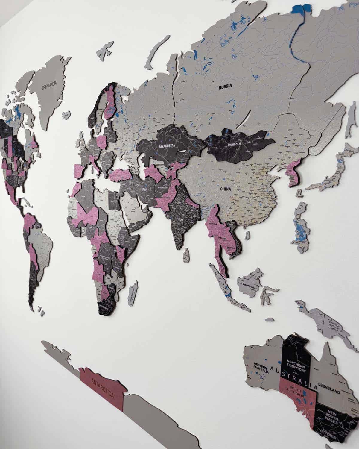 Premium 3D Wooden World Map — Rose