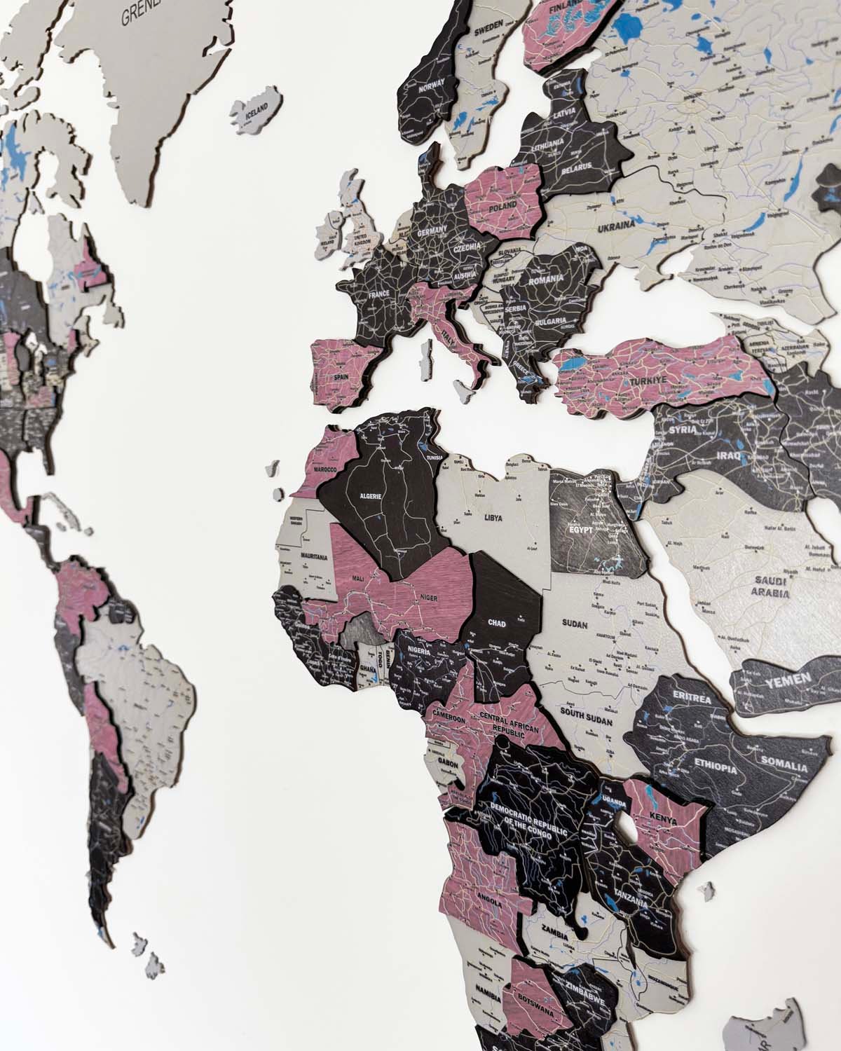 Premium 3D Wooden World Map — Rose