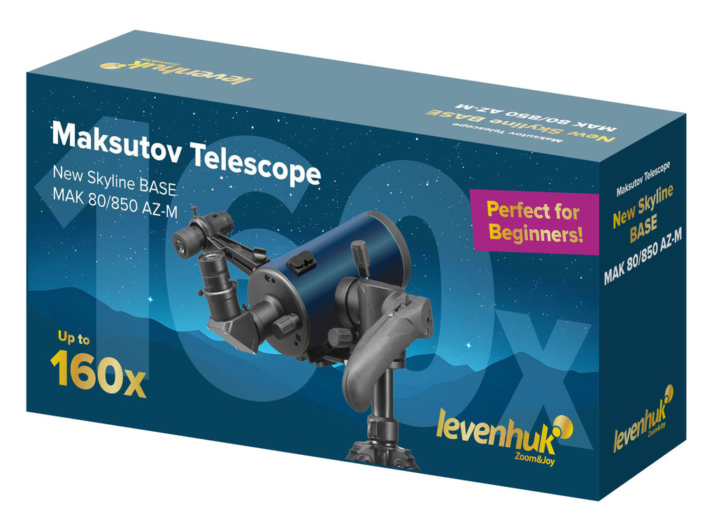 `Levenhuk MAK 80/850 telescope tube and focuser detail, 80mm Maksutov-Cassegrain optics`