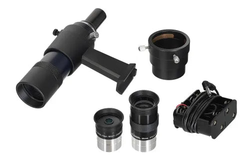 Telescope and accessories on a white background