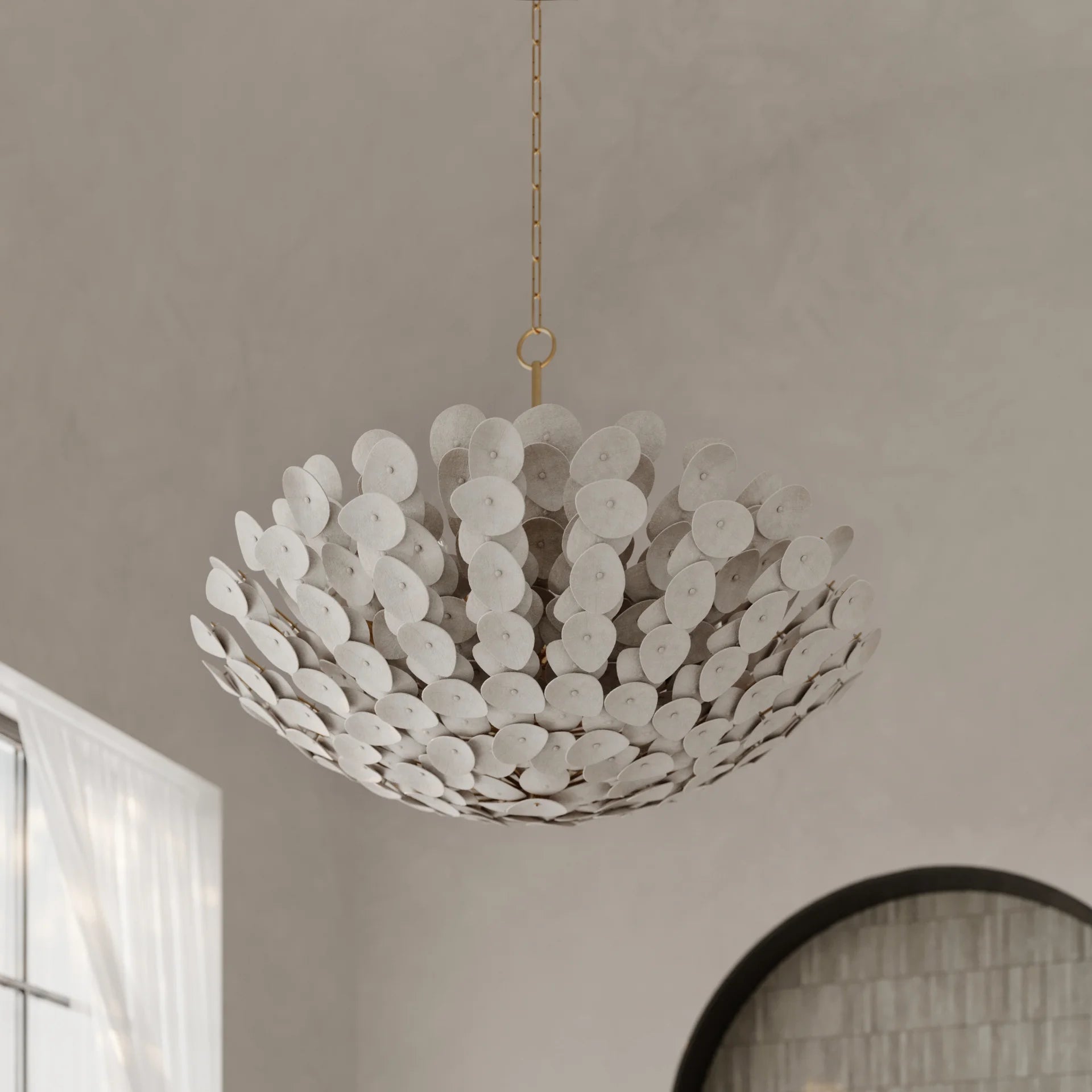 Aimi Ceiling Chandelier 123cm – Vintage Gold & White-Washed Coco Shell | Corbett Lighting