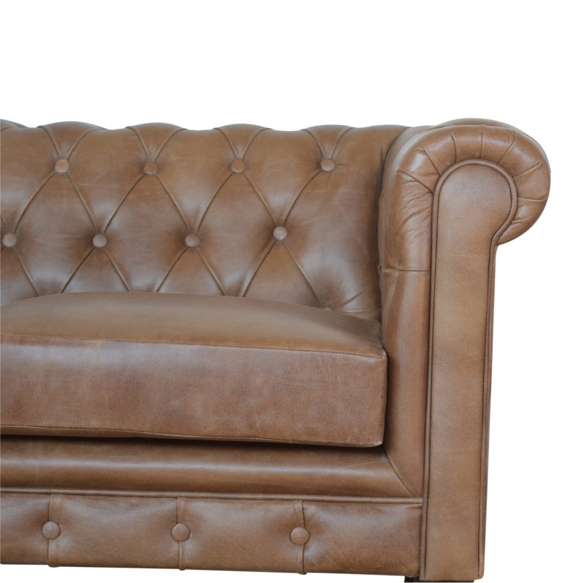 Buffalo leather sofa with hand-turned walnut-finished legs
