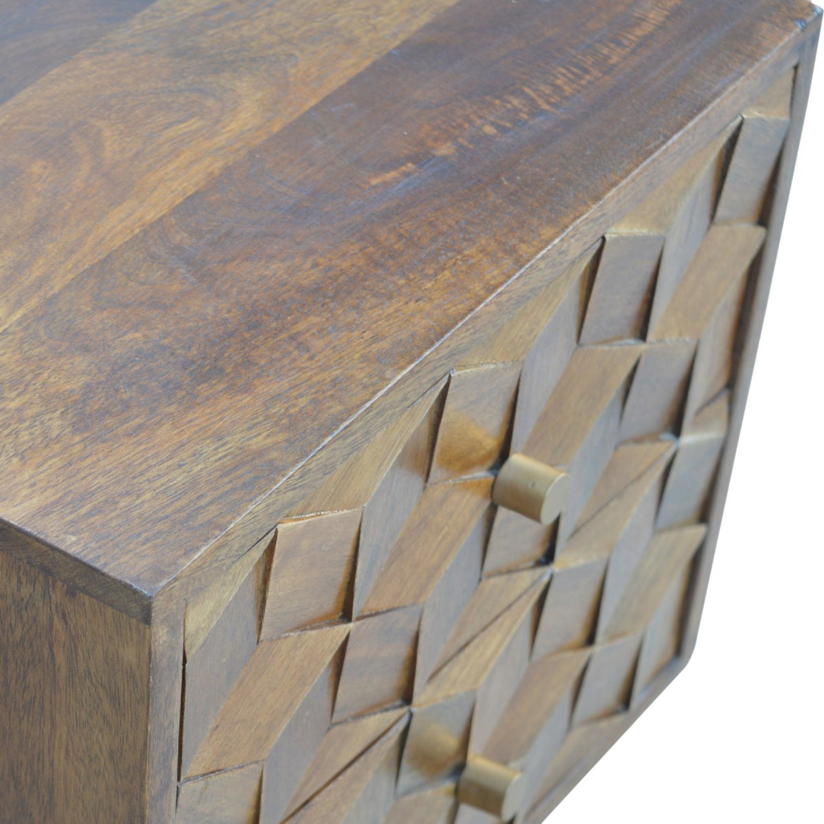 Carved wood pattern on the Chestnut Cube nightstand