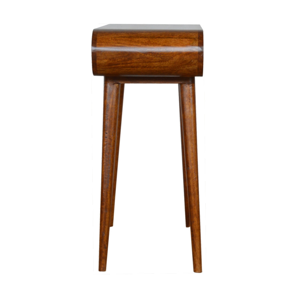 Chestnut-finished console table with Nordic-style legs