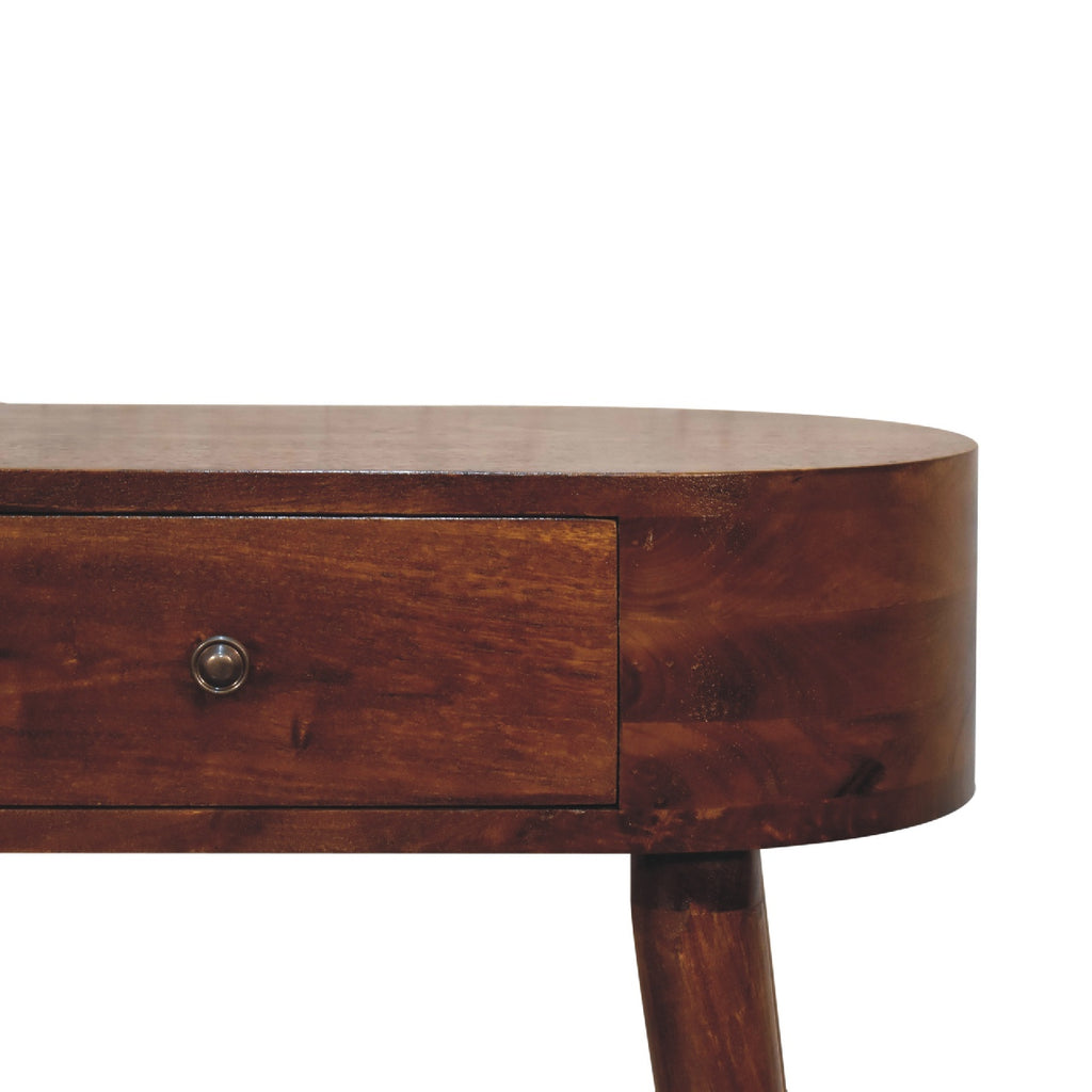 Compact chestnut console table with four tapered legs