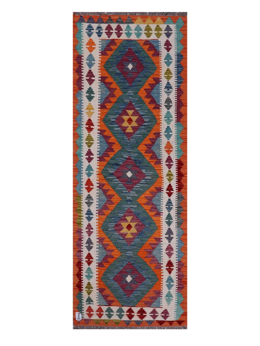 Compact narrow Maimana handwoven Afghan wool kilim, 208 x 75 cm