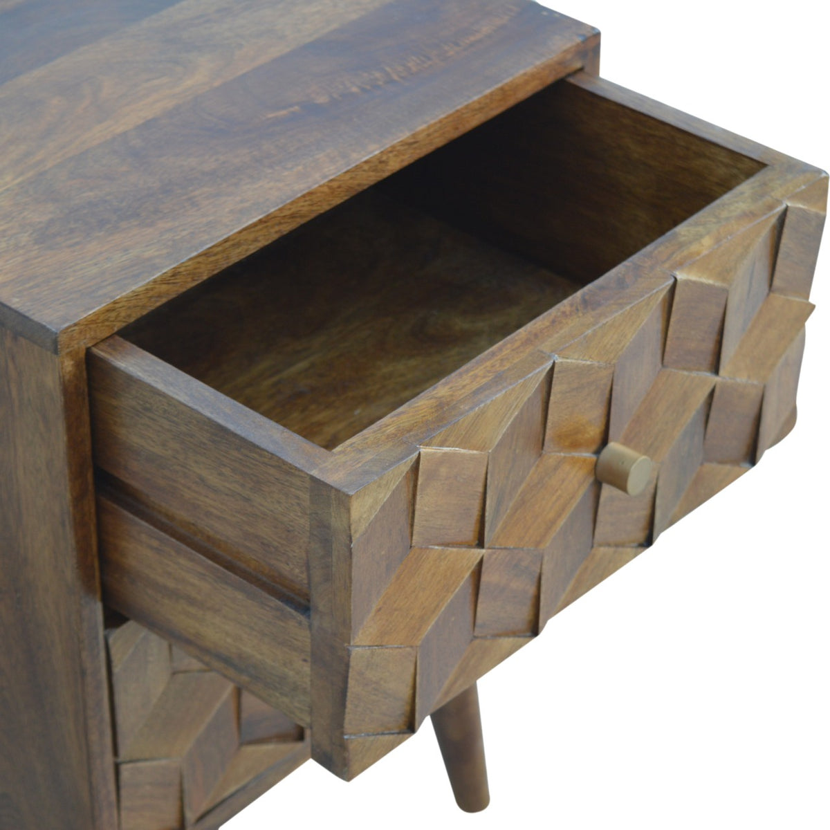 Cube-shaped carved wood bedside table