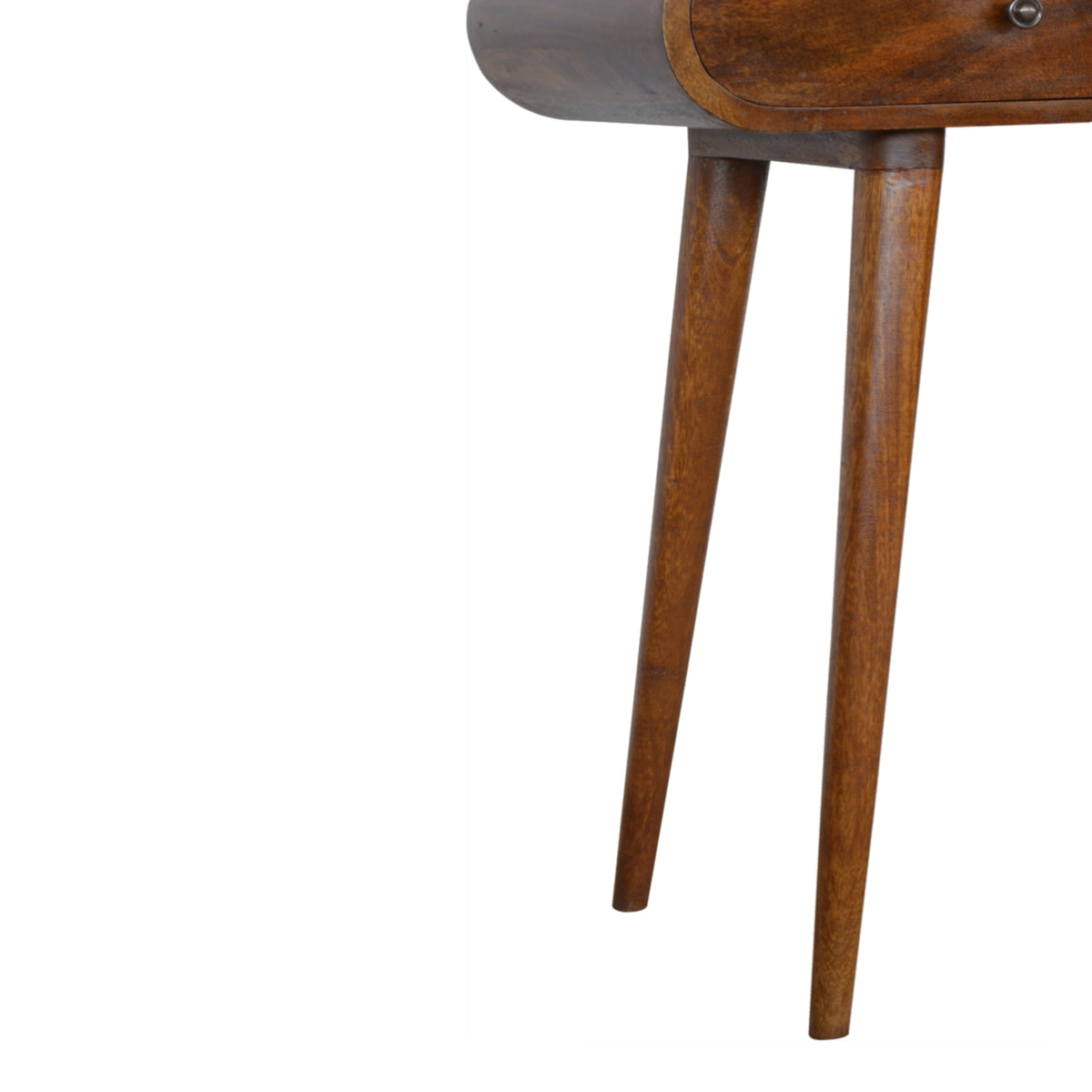 Curved chestnut console table with raised tapered legs