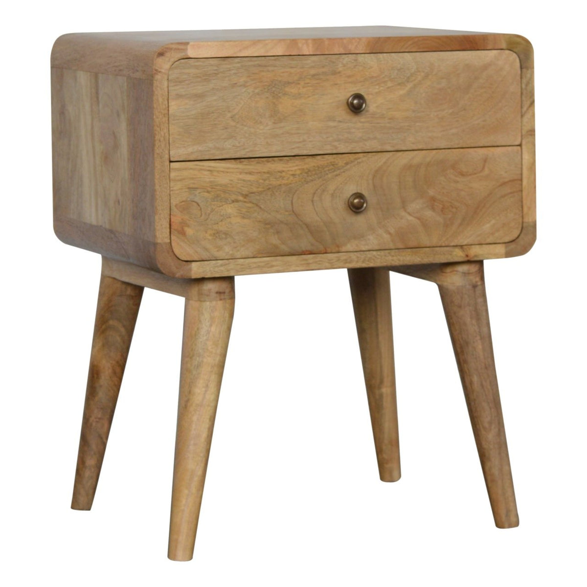 Curved mango wood nightstand with Nordic-style legs
