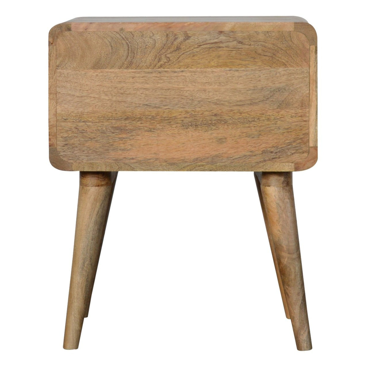 Curved oak-finish bedside table with raised tapered legs