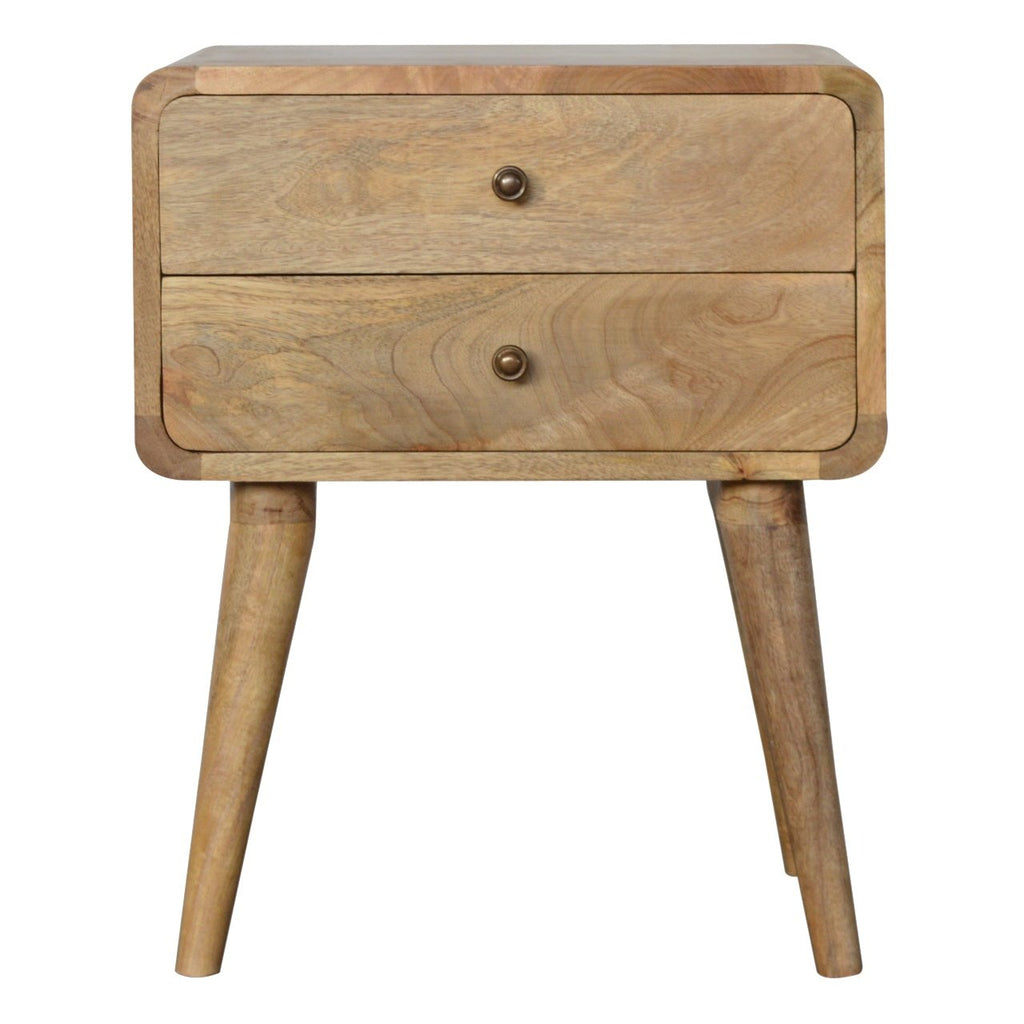 Curved solid mango wood nightstand with oak finish