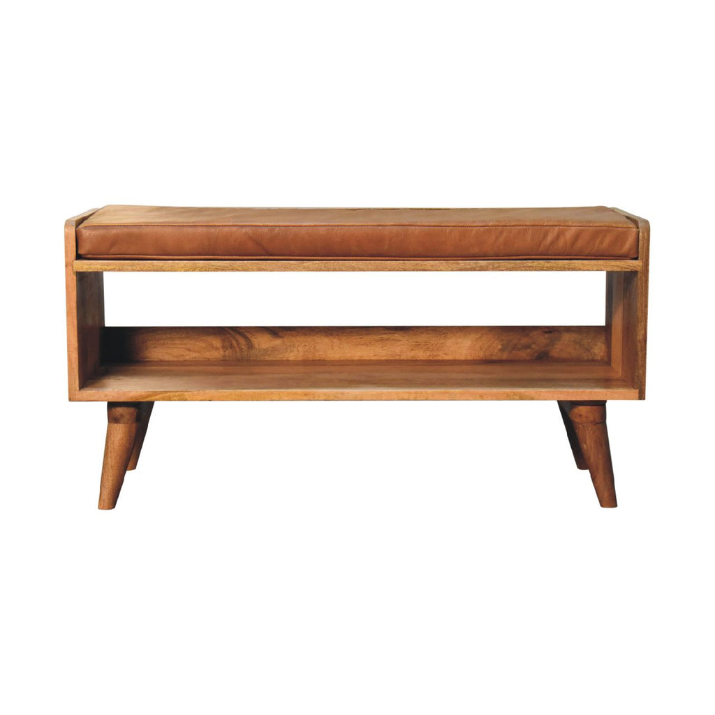Solid Mango Wood Bench with Tan Leather Seat Pad