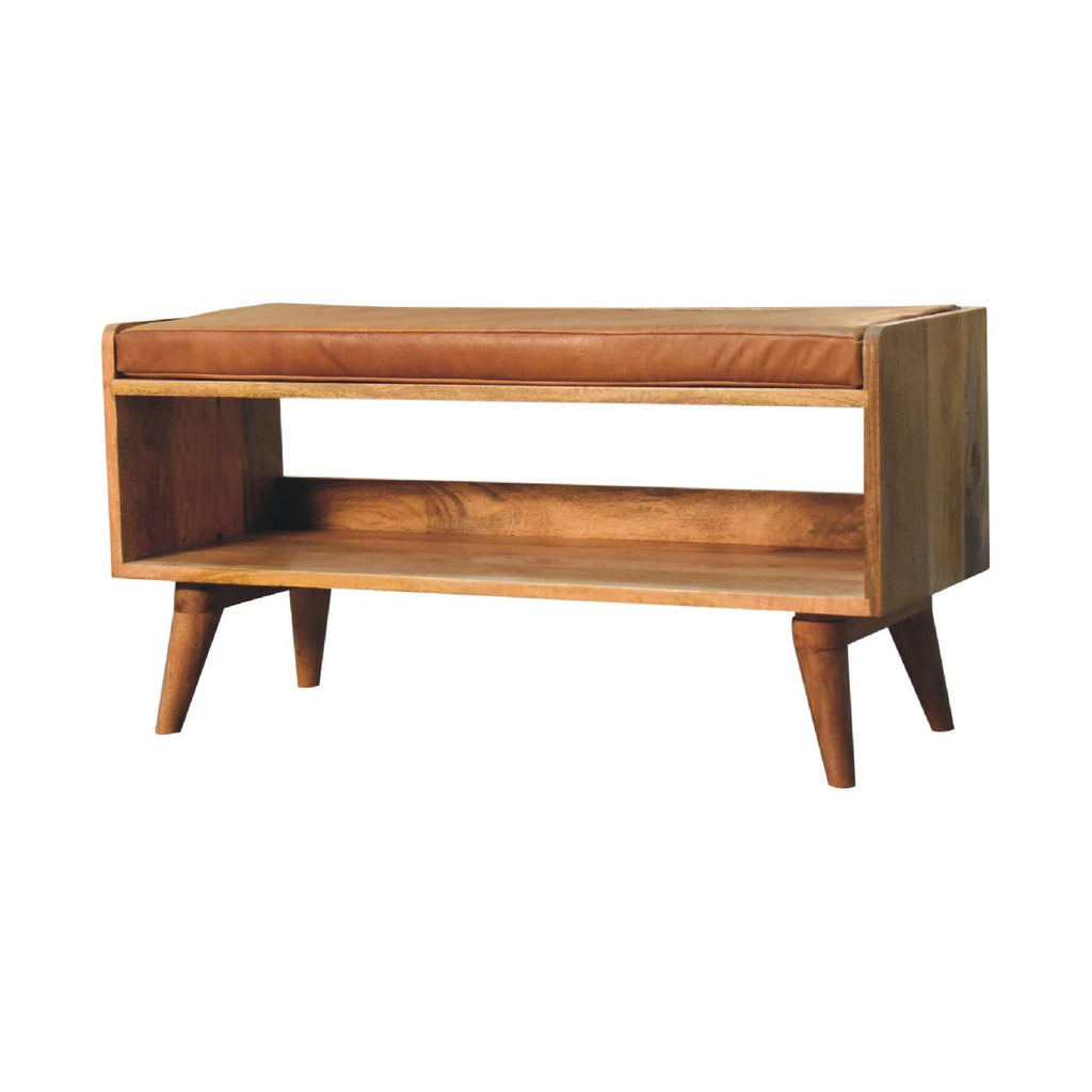 Solid Mango Wood Bench with Tan Leather Seat Pad