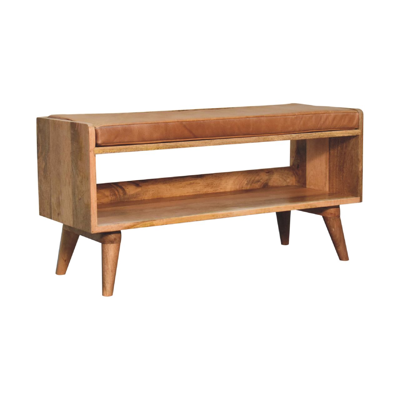 Solid Mango Wood Bench with Tan Leather Seat Pad