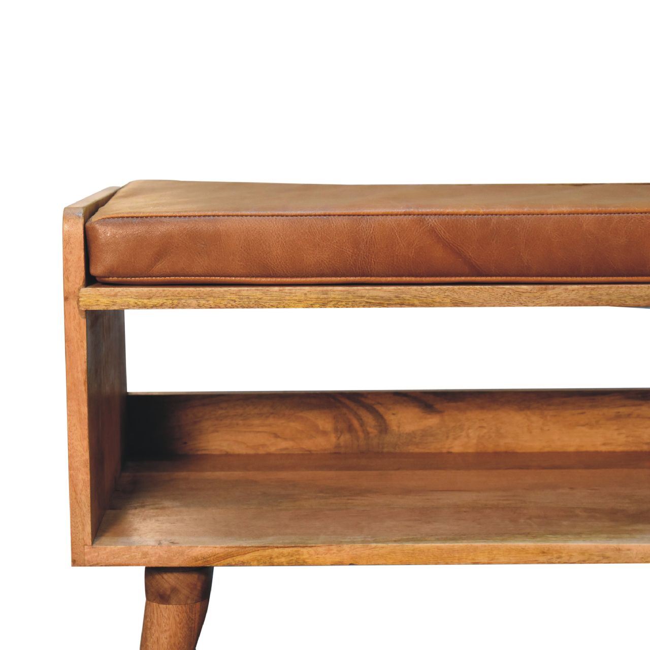 Solid Mango Wood Bench with Tan Leather Seat Pad