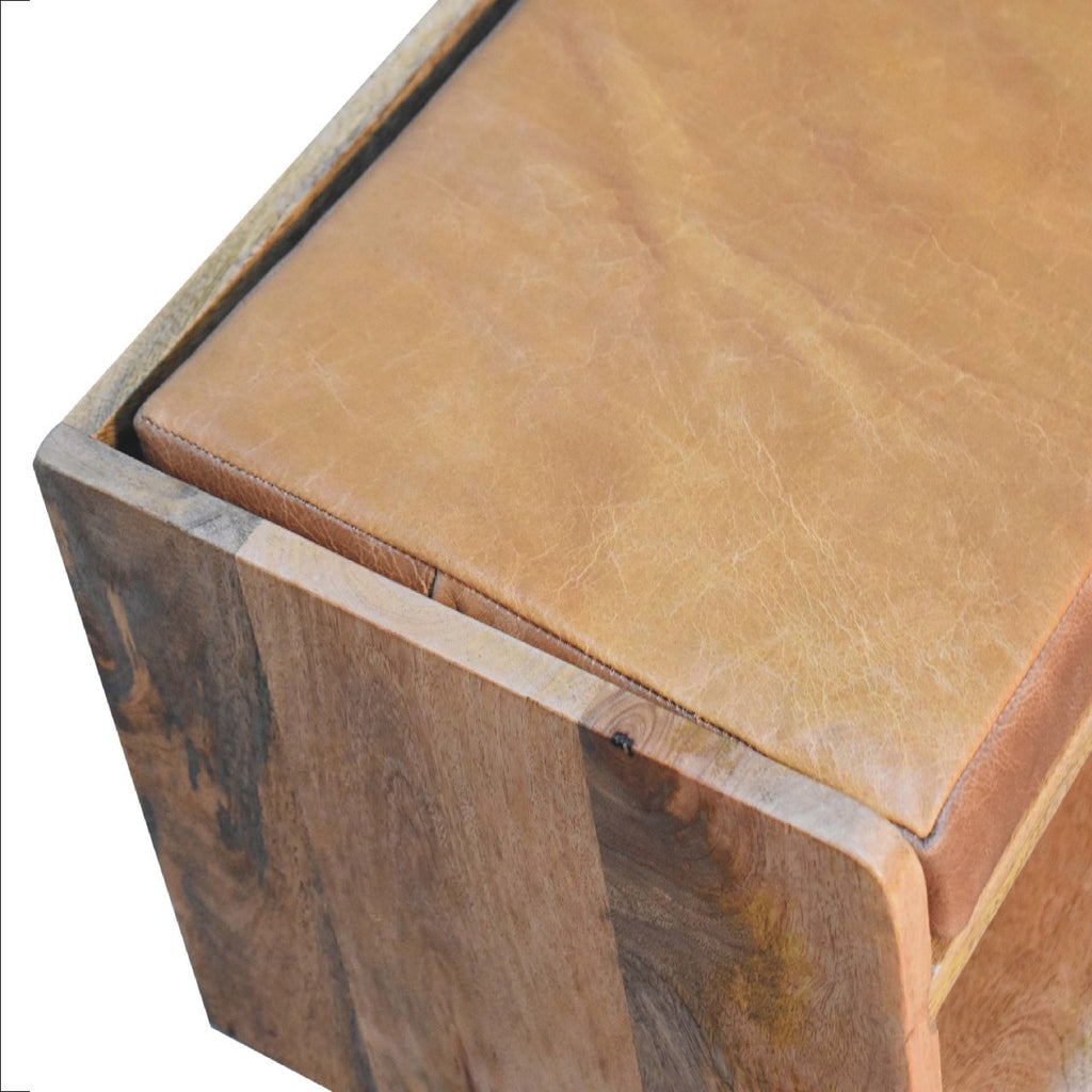 Solid Mango Wood Bench with Tan Leather Seat Pad