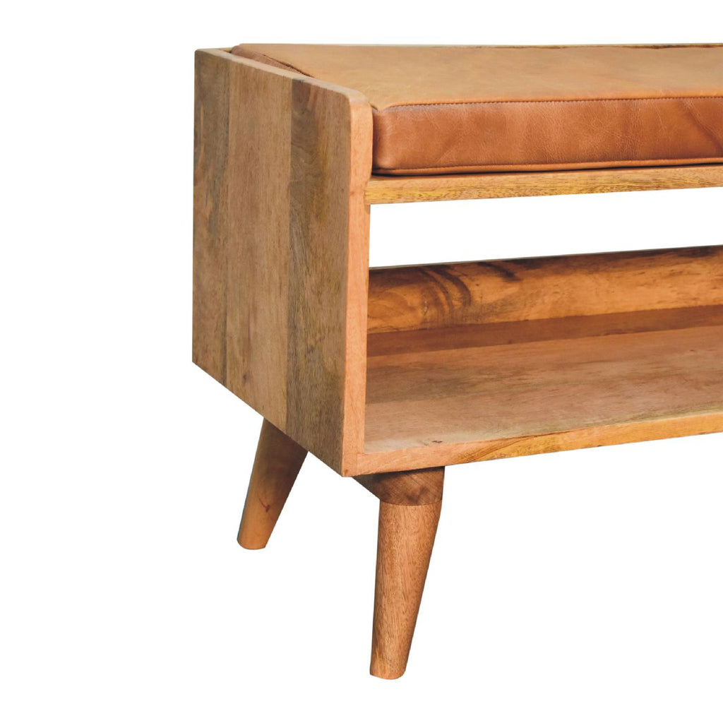 Solid Mango Wood Bench with Tan Leather Seat Pad