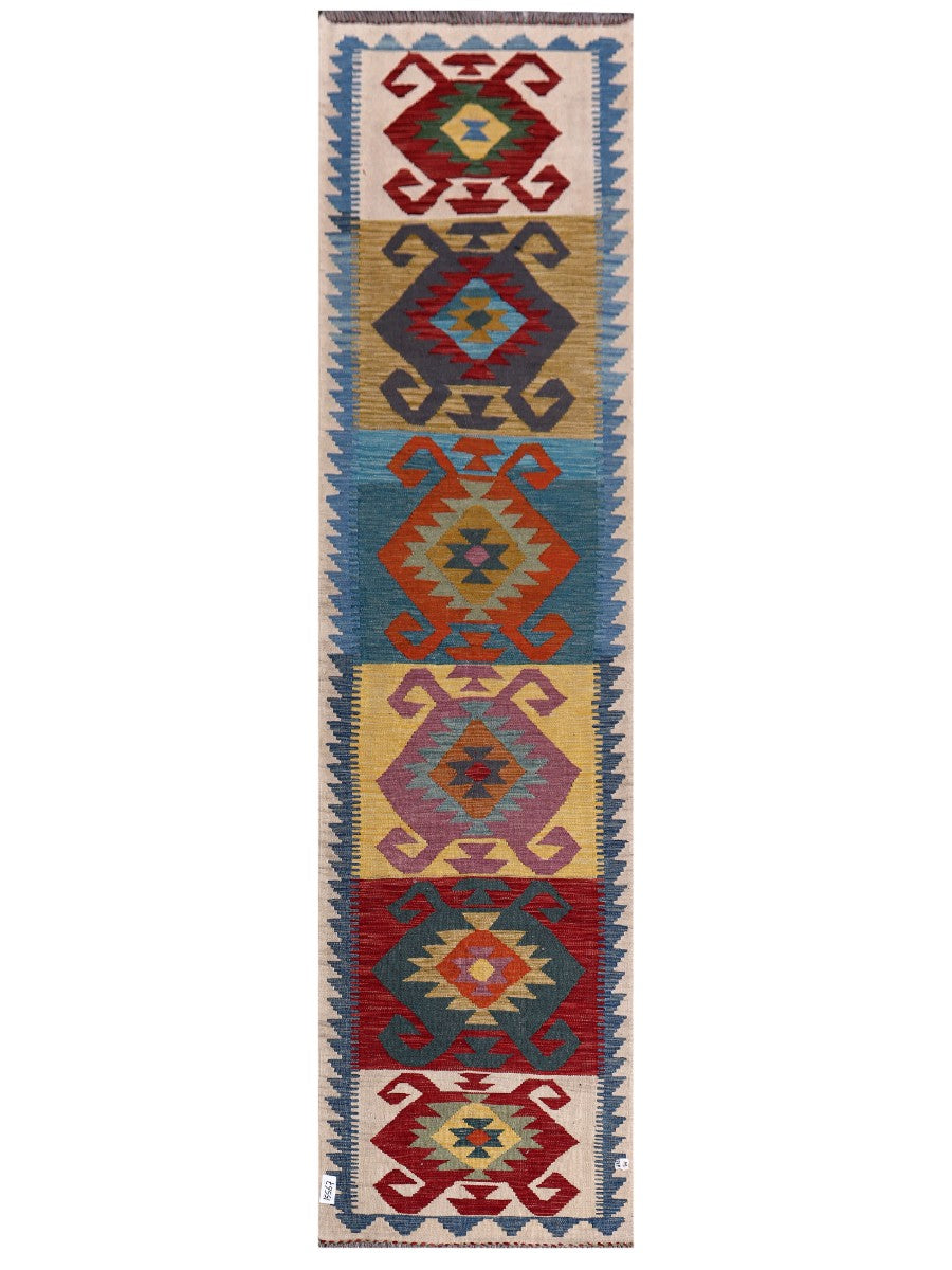 Long Maimana handwoven Afghan wool kilim runner, 308 x 80 cm