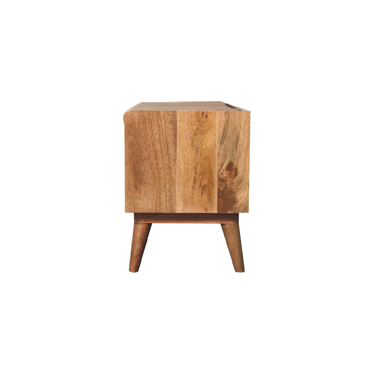 Mango wood grain on the chestnut-finished bench