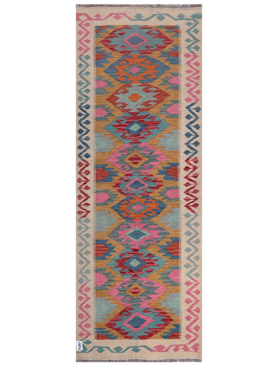 Narrow Maimana handwoven Afghan wool kilim, 244 x 88 cm