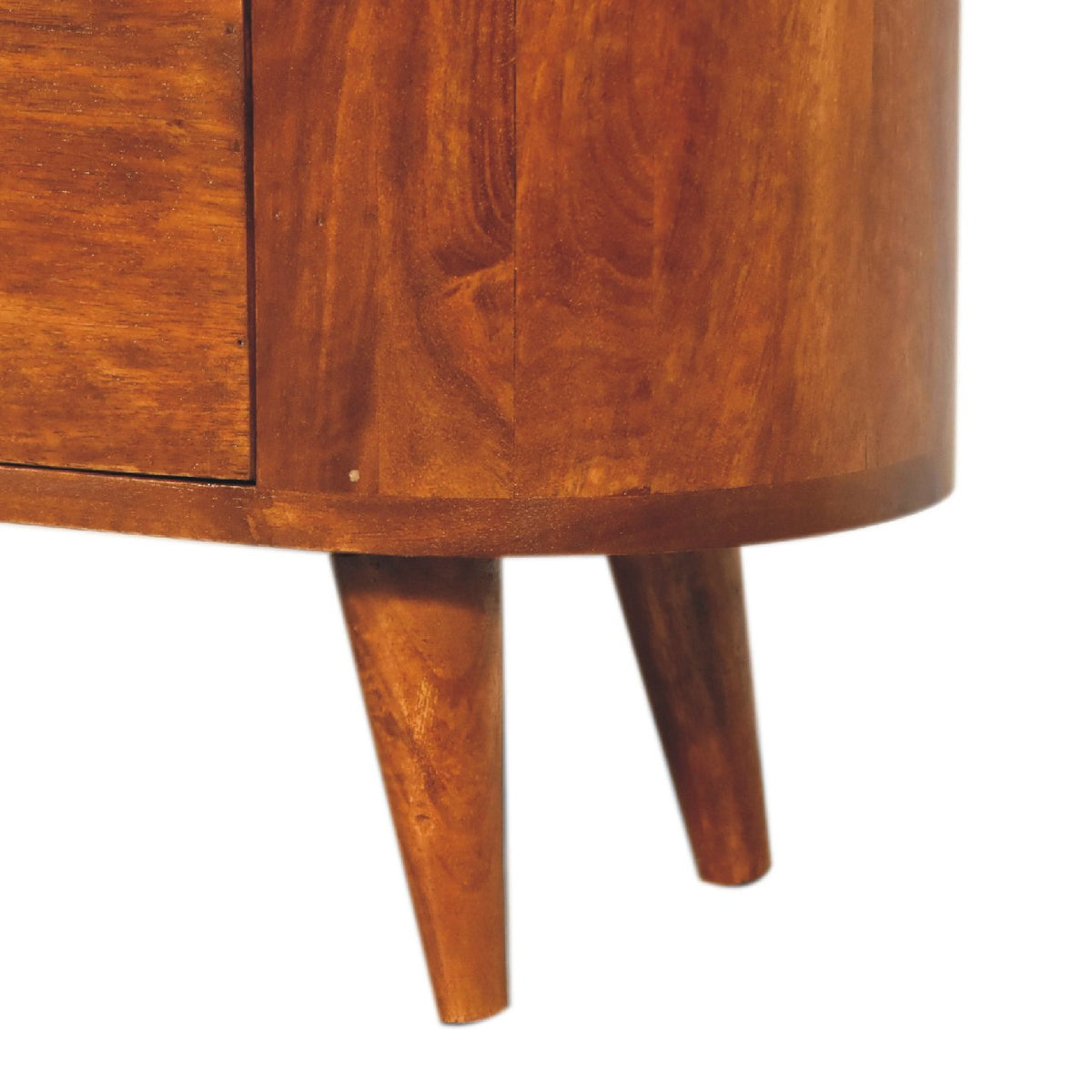 Natural mango wood grain on the chestnut cabinet