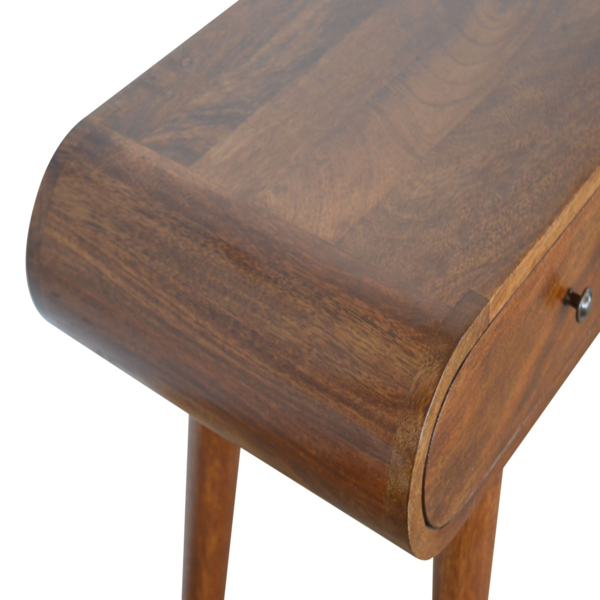 Natural mango wood grain on the chestnut console table