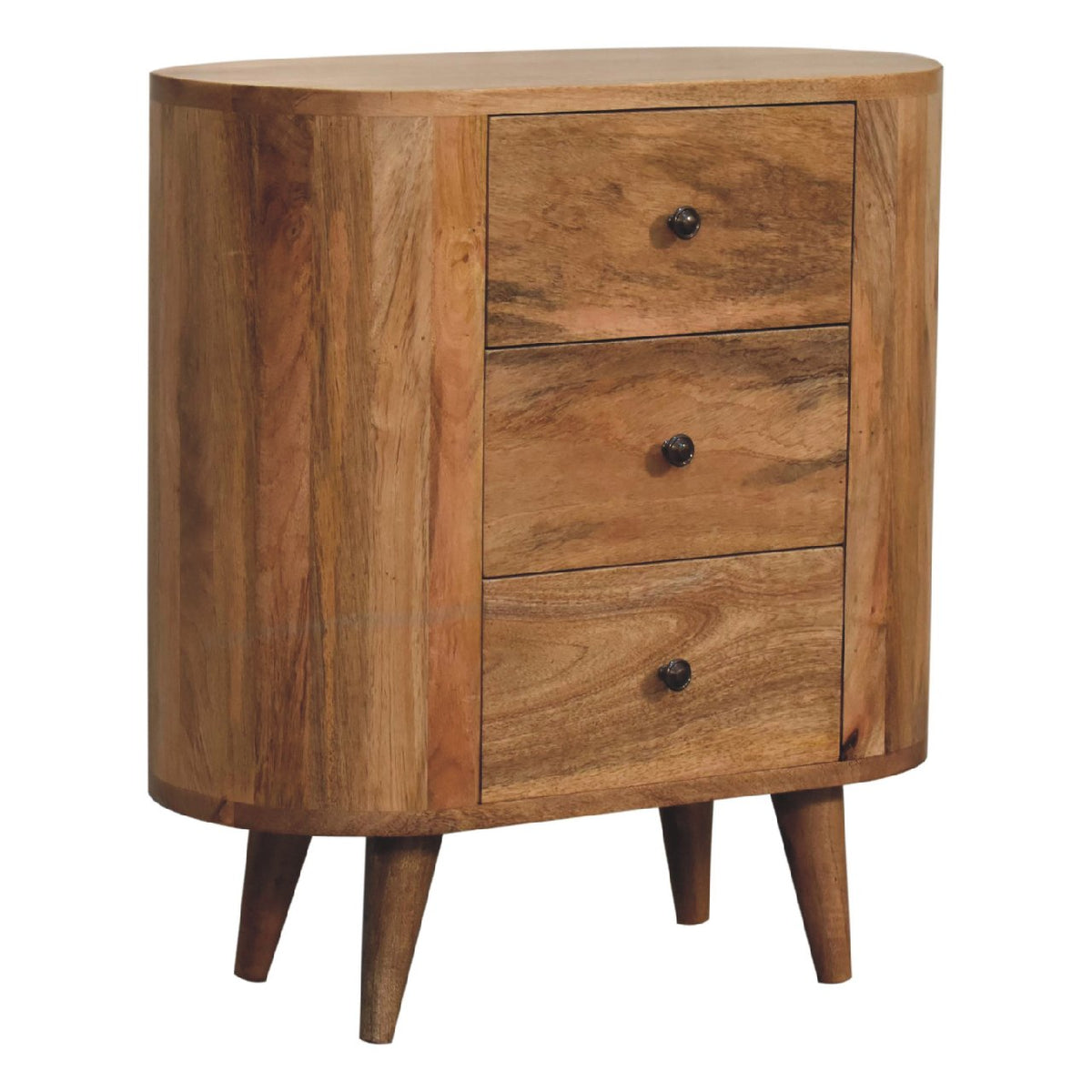 Natural mango wood grain on the oak-finished cabinet