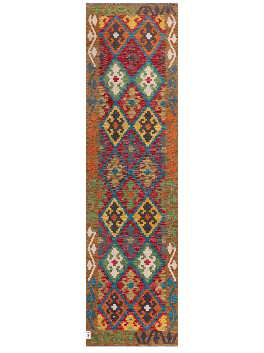 Three-metre Maimana handwoven Afghan wool kilim runner, 308 x 84 cm