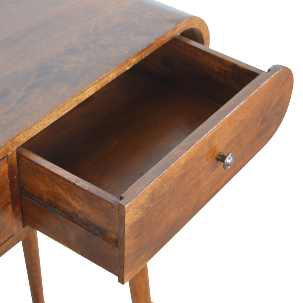 Two-drawer hallway table with polished knobs