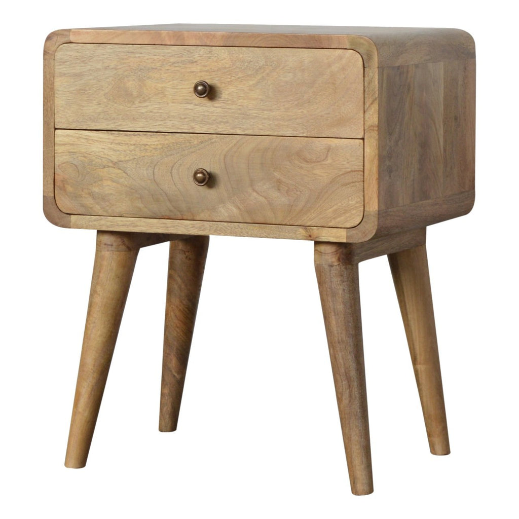 Two-drawer wooden bedside cabinet with polished knobs