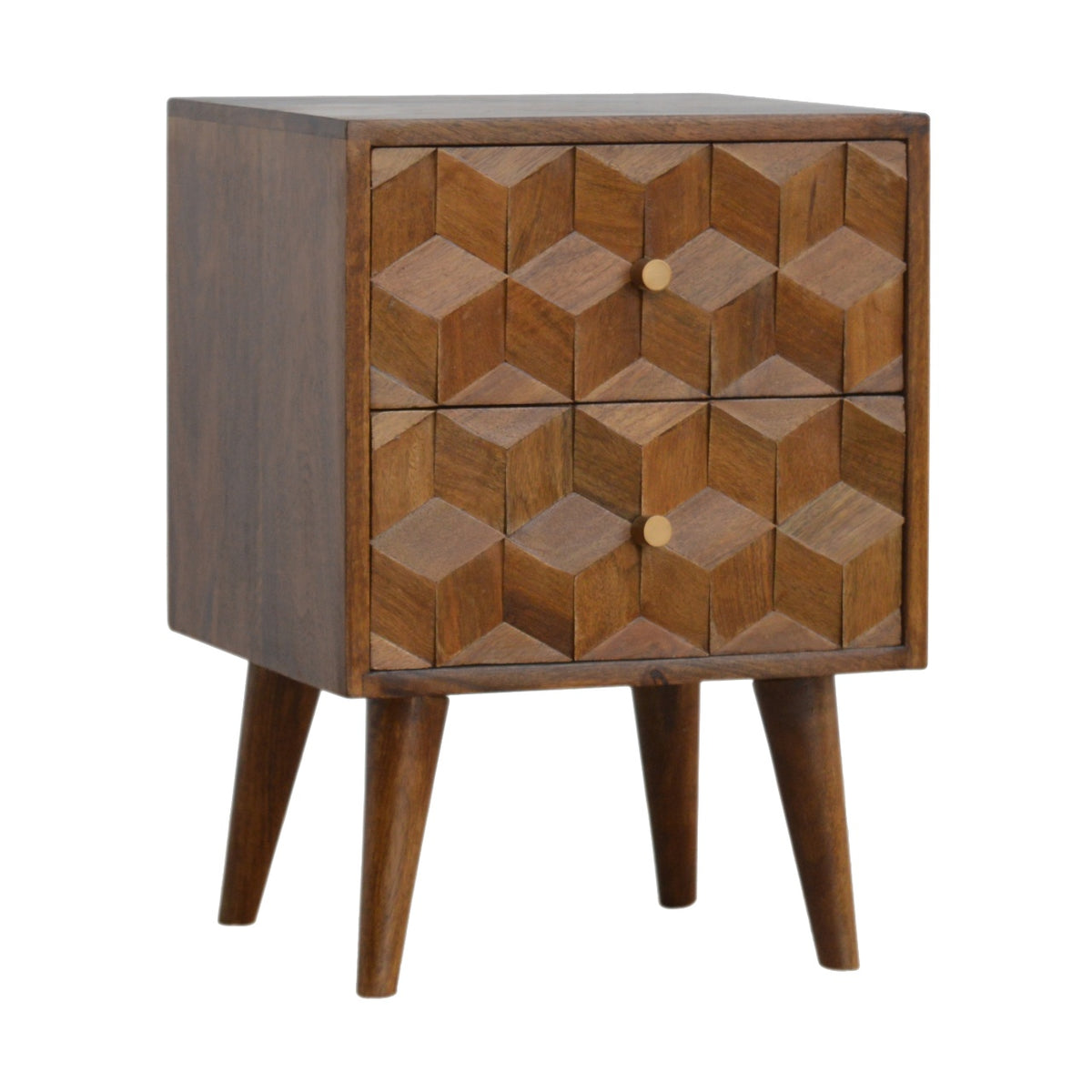Warm wood finish on the carved nightstand
