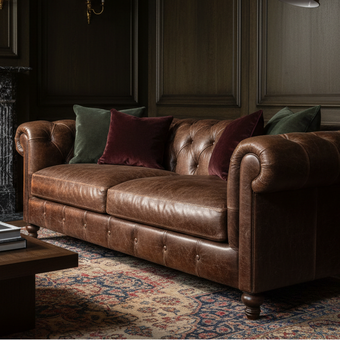 A brown leather Chesterfield sofa