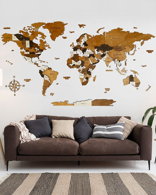 3D Wooden World Map — Mocha Finish | Home & Office Wall Art