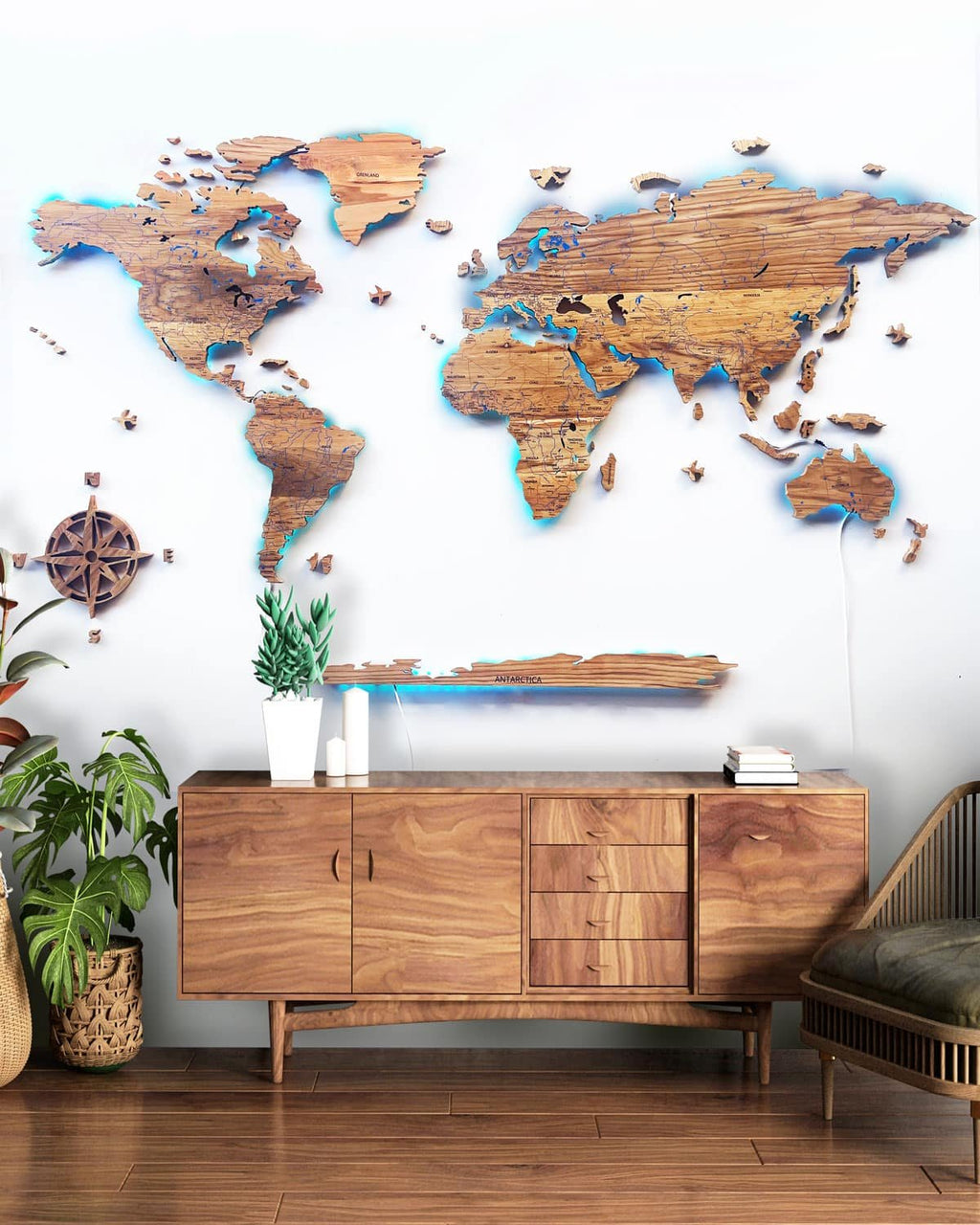 LED Illuminated Wooden World Map — Solid Oak