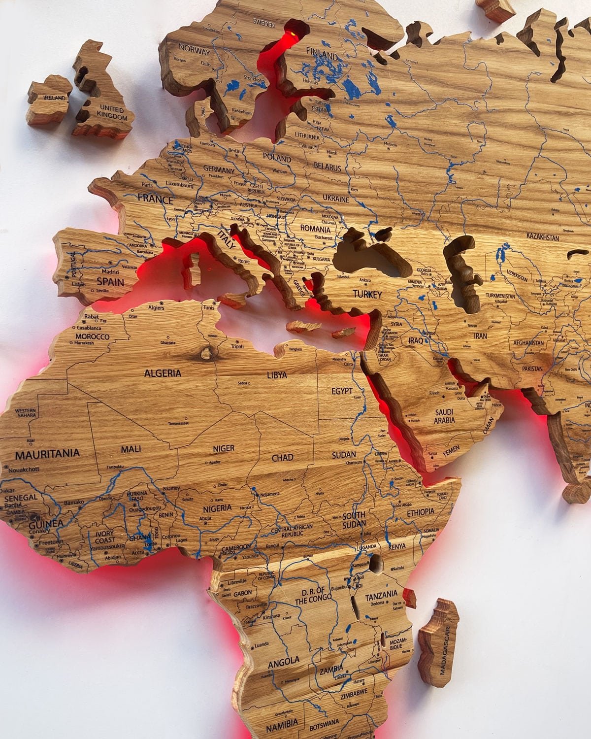 LED Illuminated Wooden World Map — Solid Oak