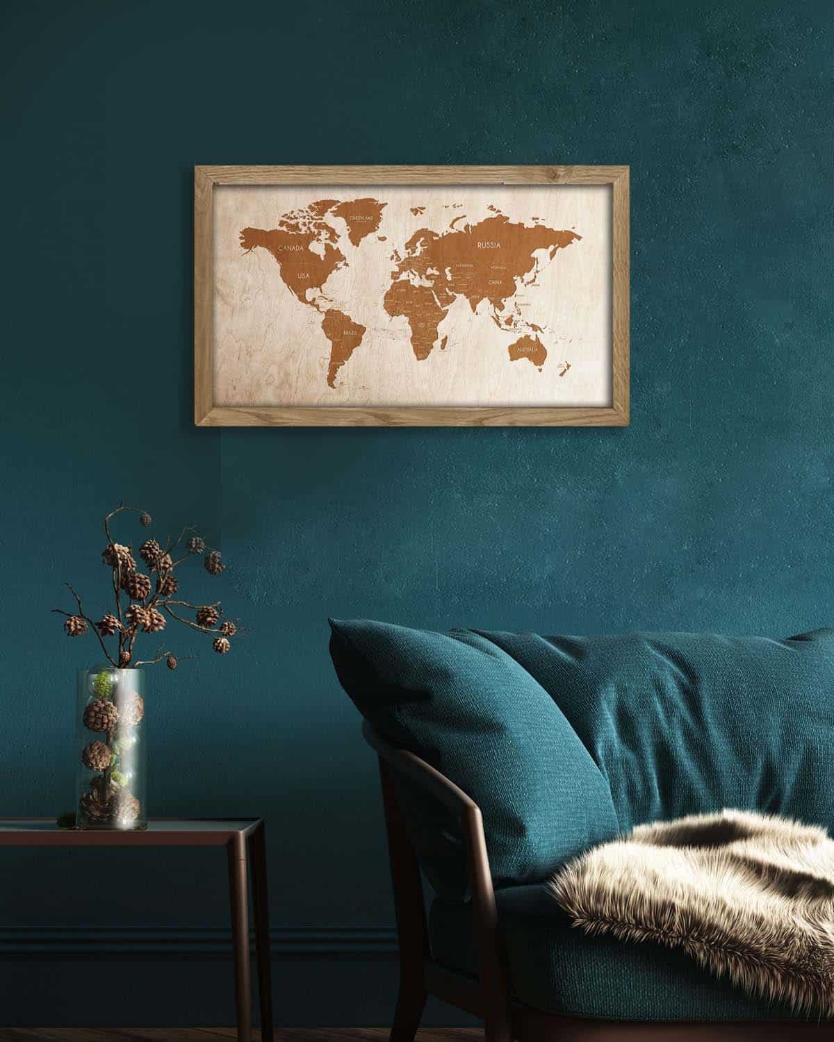 Wooden World Map in an Oak Frame