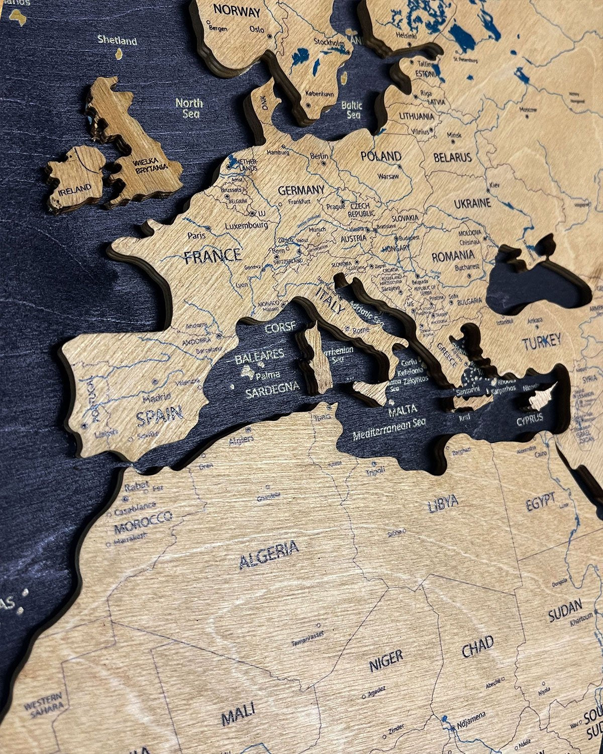 Premium Wooden World Map Triptych — Three-Panel Wall Art