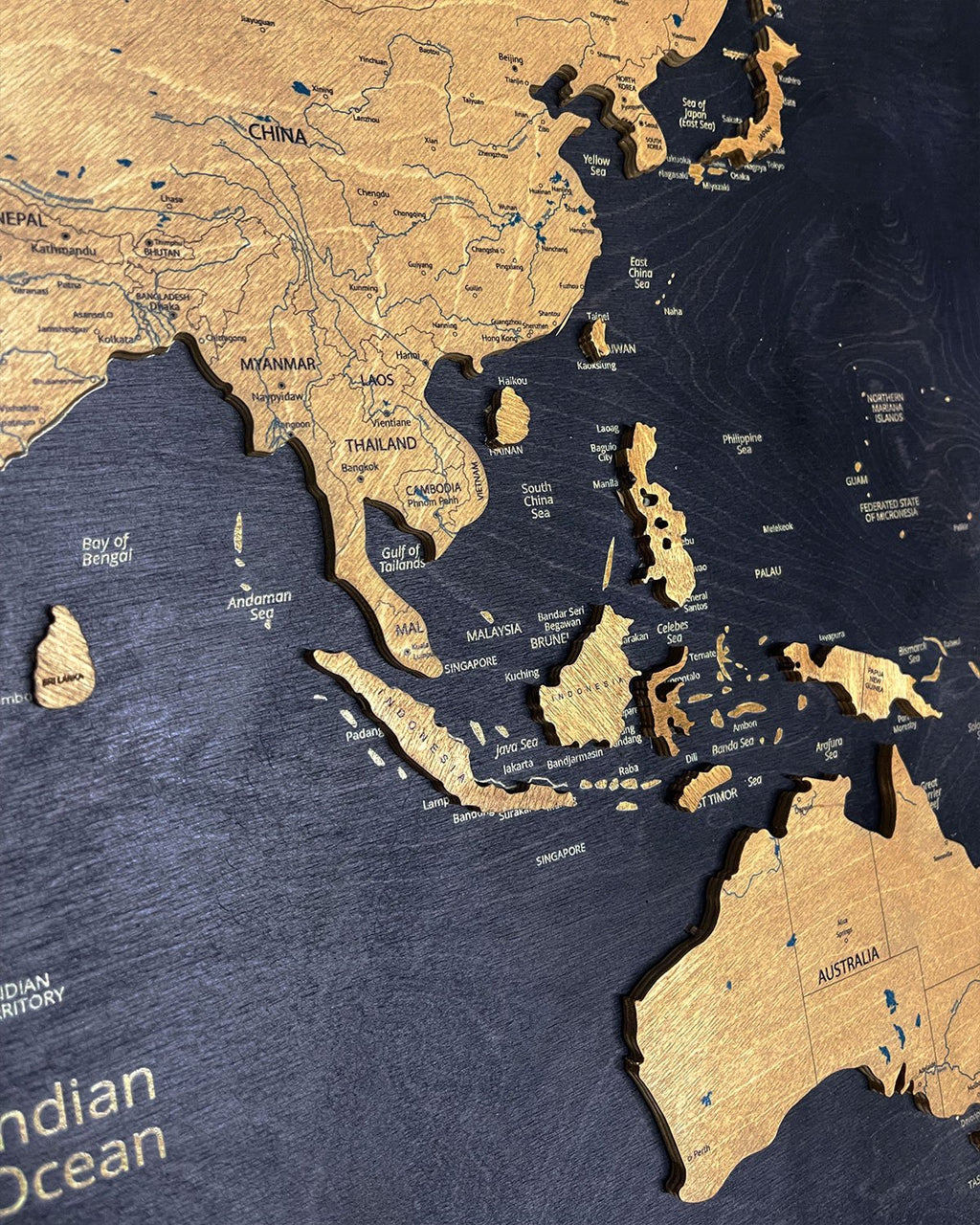 Premium Wooden World Map Triptych — Three-Panel Wall Art