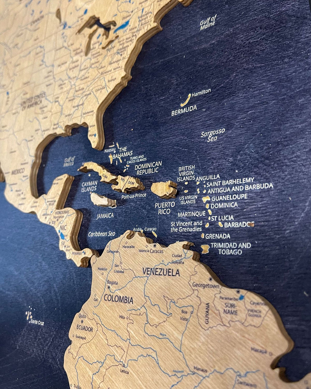 Premium Wooden World Map Triptych — Three-Panel Wall Art