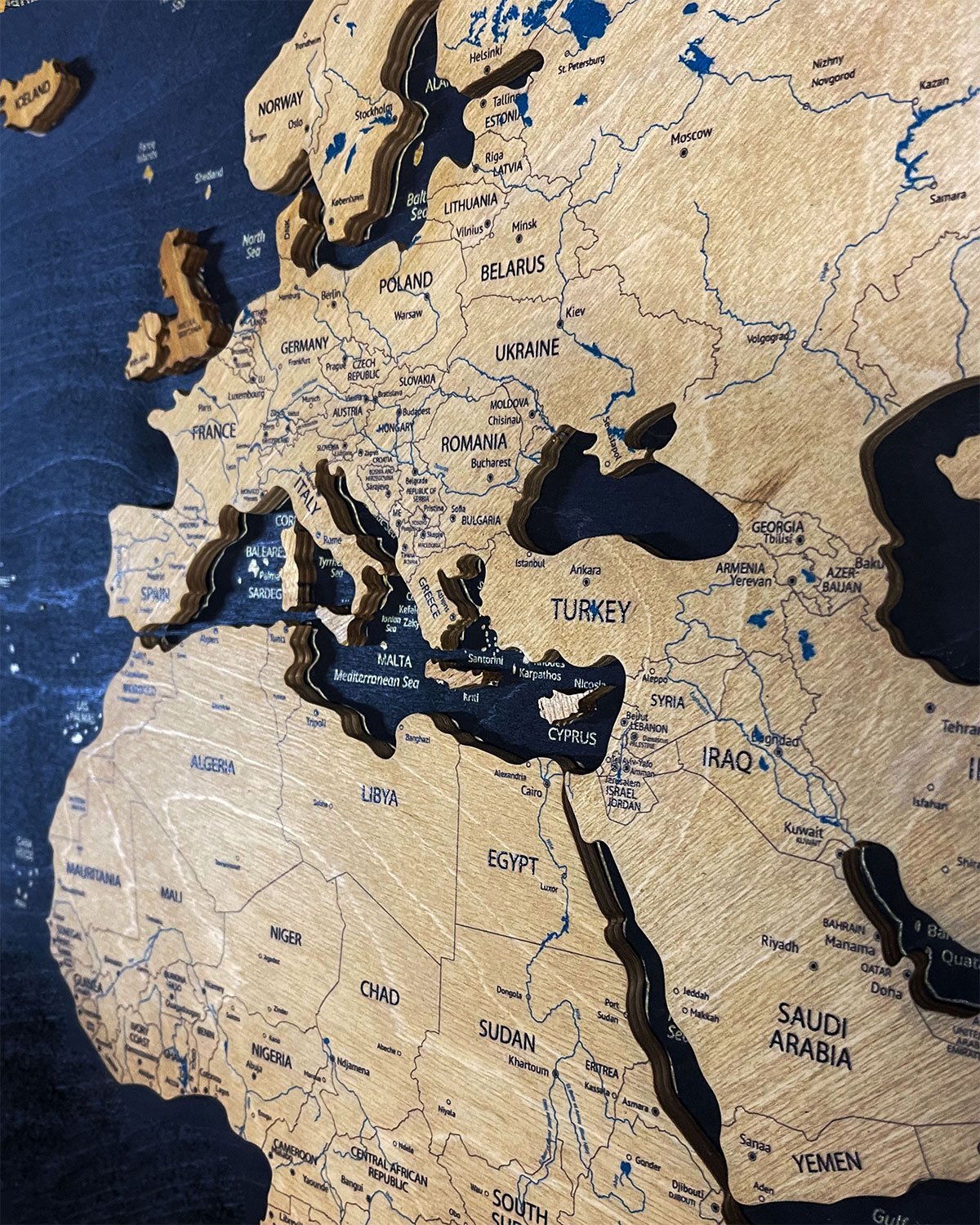 Premium Wooden World Map Triptych — Three-Panel Wall Art